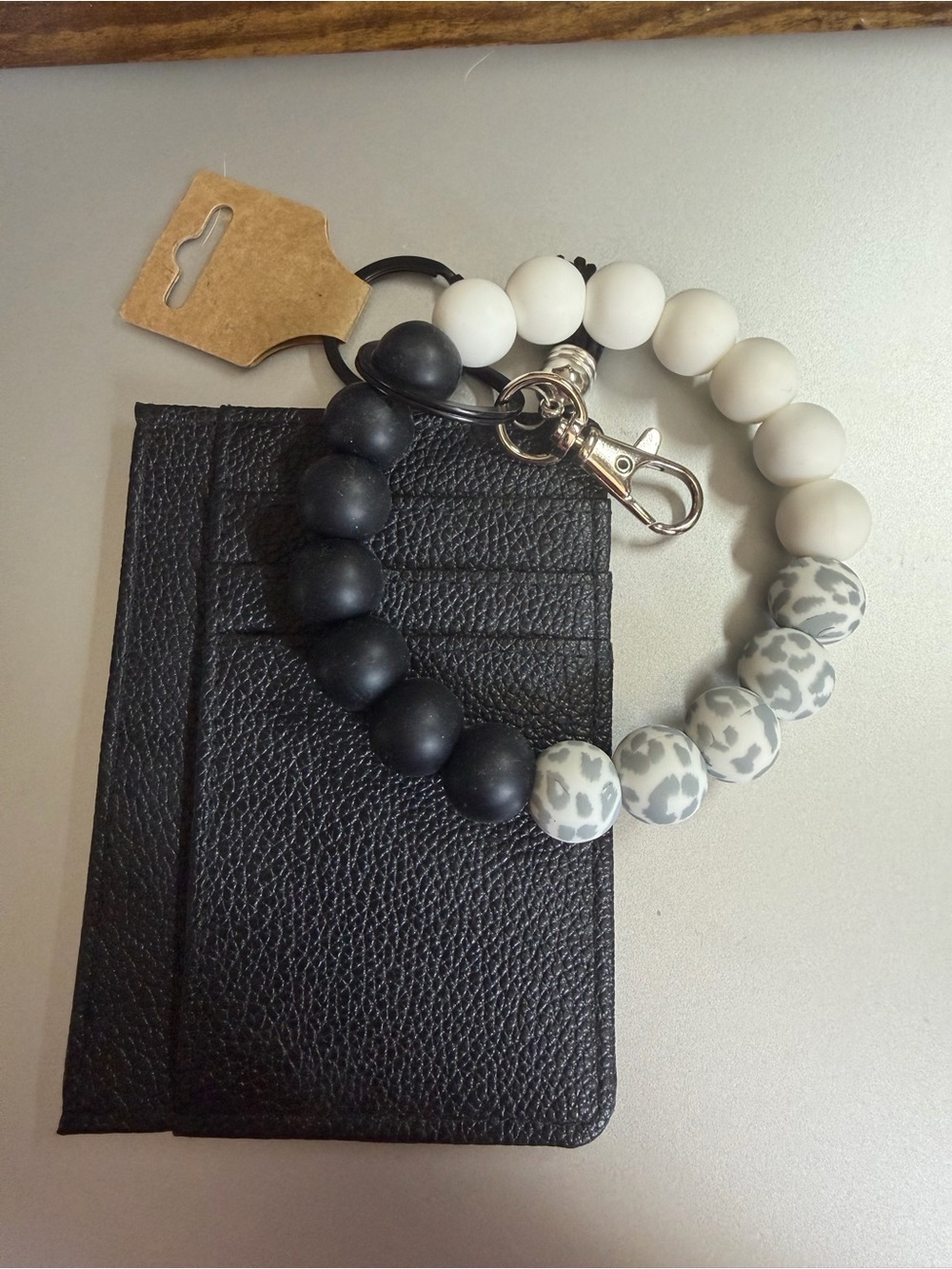 Handmade Black Card Wallet with  Beaded Wristlet Holder